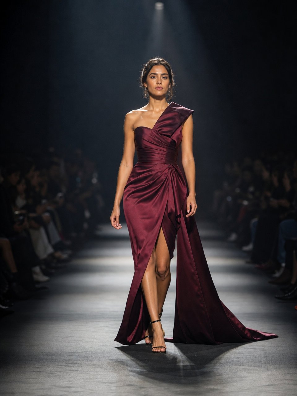 A model on the runway in a burgundy evening gown
