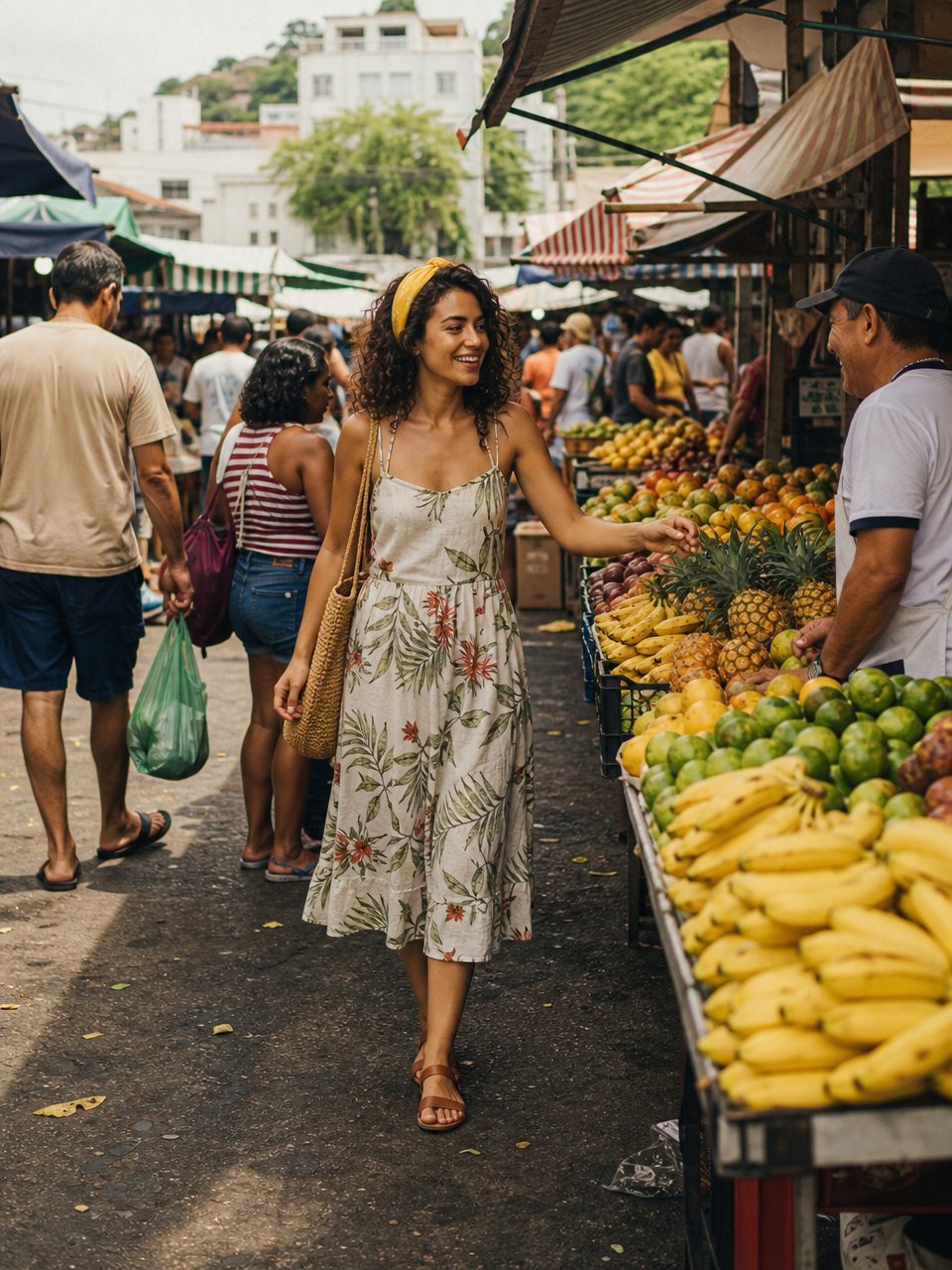 A mesma personagem rindo numa feira de rua, com lenço amarelo no cabelo