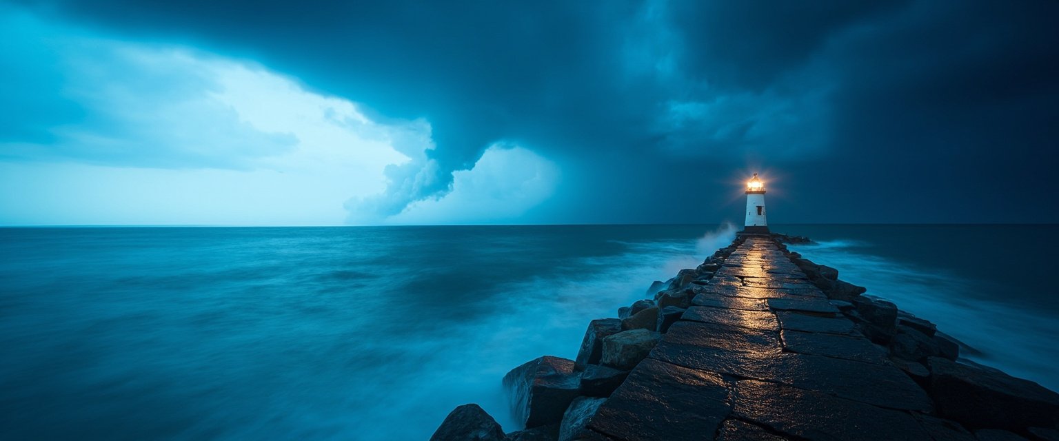 Farol solitário no fim de um quebra-mar, em composição panorâmica ultrawide