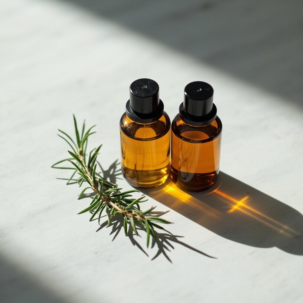 Três frascos de perfume âmbar alinhados, com um ramo de alecrim à frente do frasco da esquerda