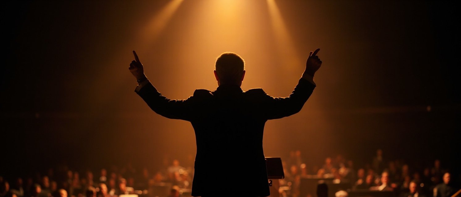 A conductor leading an orchestra under a shaft of light