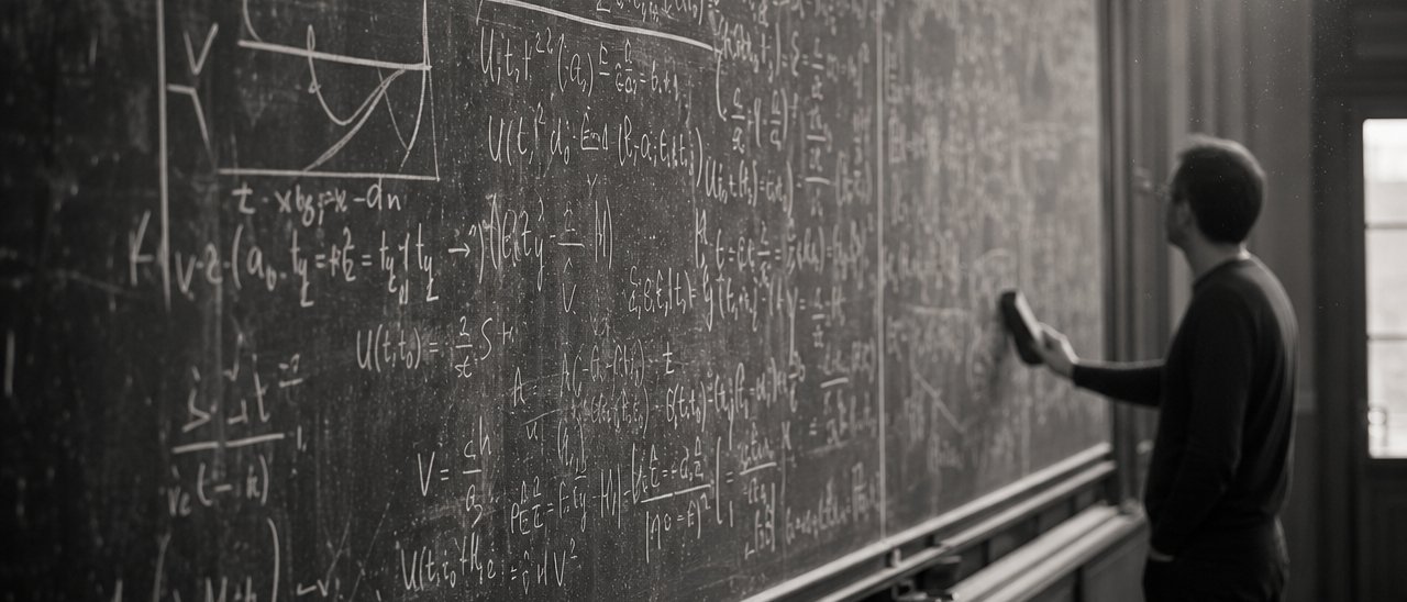 A physics blackboard covered in chalk derivations