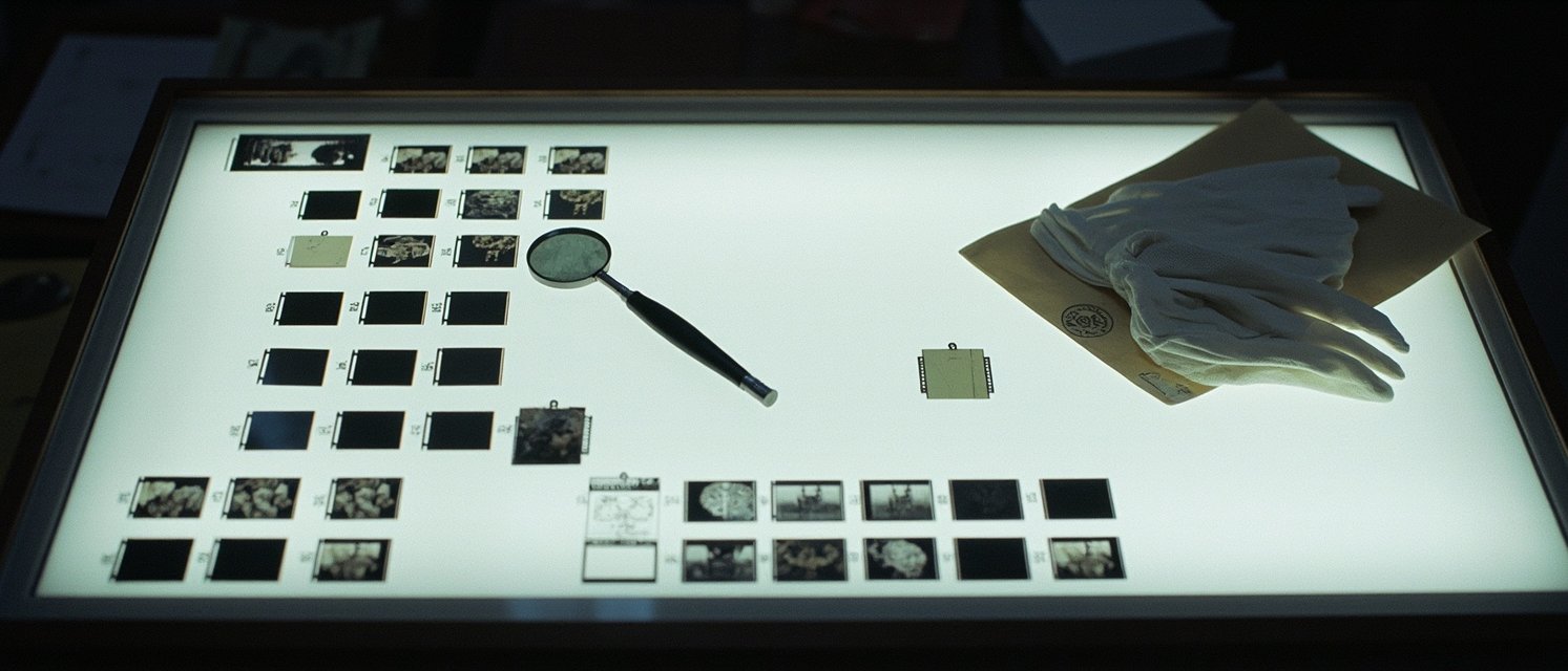 A light table with contact sheets and a thread-counter loupe